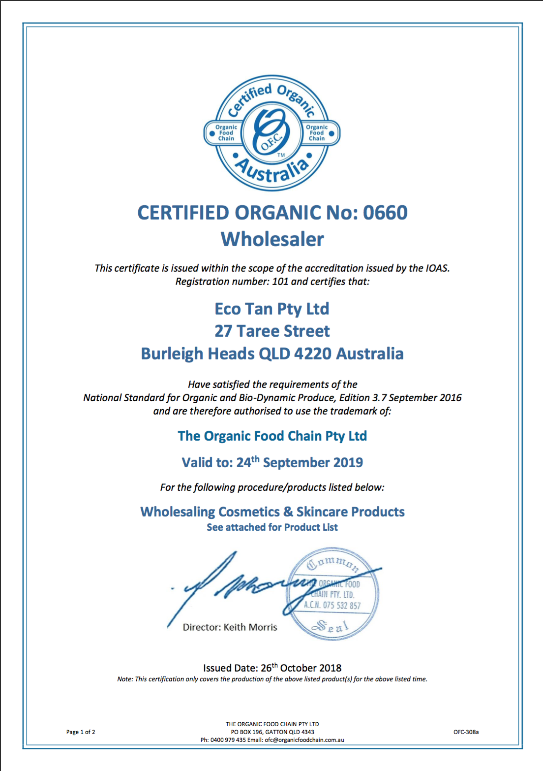 Certifikát Organic Food Chain